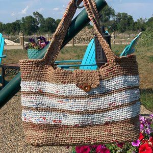 Crochet plarn tote bag.  Handmade from recycled retail plastic bags.
